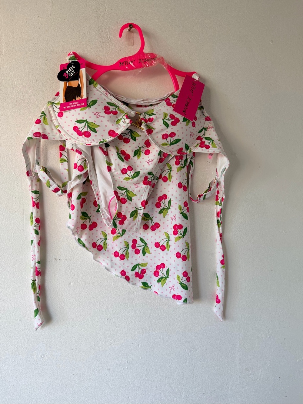 Betsey Johnson White Cherry Print Bikini 3 piece Set with Pink Accents